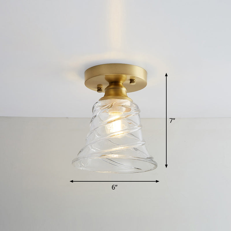 Brass Semi Flush Mount Ceiling Light For Aisle: Textured Glass 1-Light Industrial Style