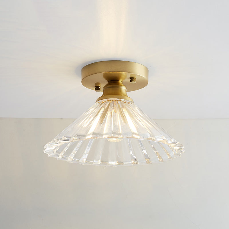 Brass Semi Flush Mount Ceiling Light for Aisle: Textured Glass, 1-Light, Industrial Style