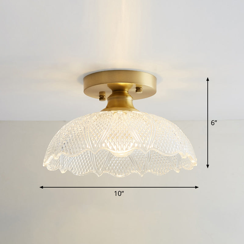 Brass Semi Flush Mount Ceiling Light for Aisle: Textured Glass, 1-Light, Industrial Style