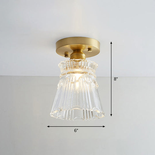 Brass Semi Flush Mount Ceiling Light for Aisle: Textured Glass, 1-Light, Industrial Style