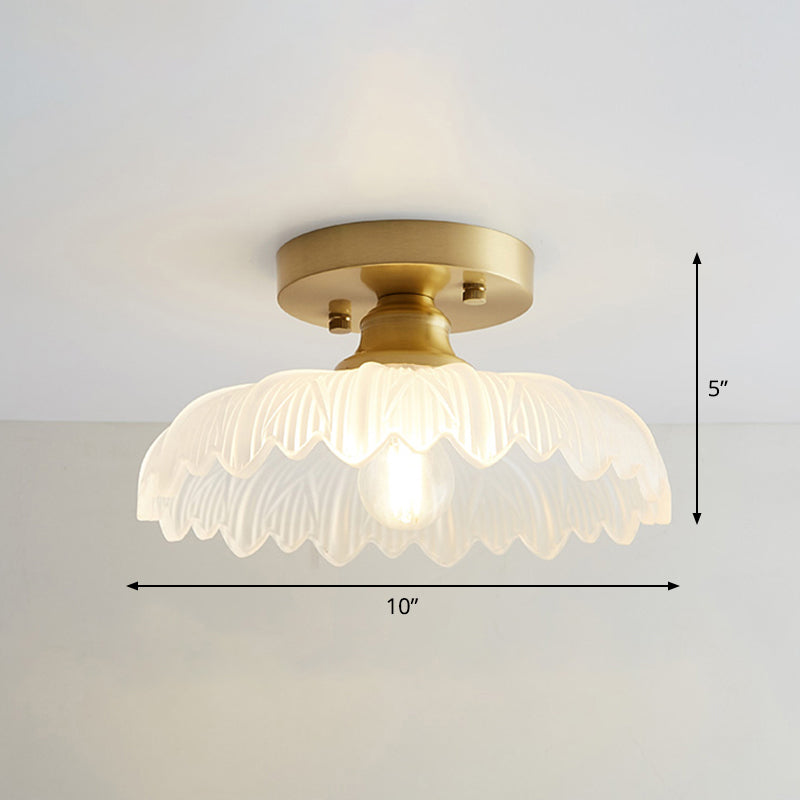 Brass Semi Flush Mount Ceiling Light for Aisle: Textured Glass, 1-Light, Industrial Style