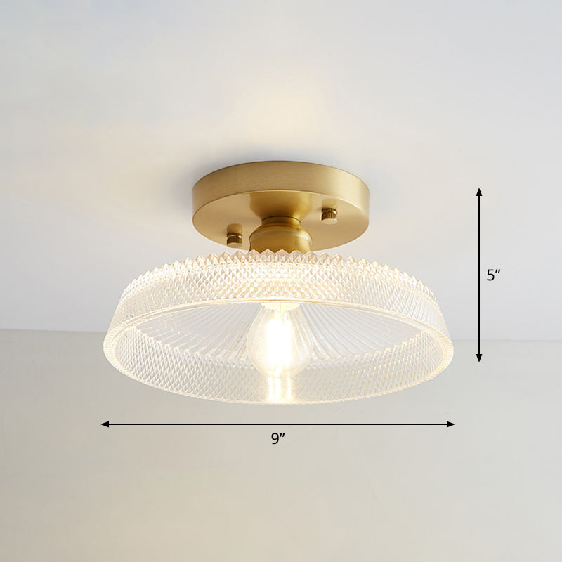 Brass Semi Flush Mount Ceiling Light for Aisle: Textured Glass, 1-Light, Industrial Style