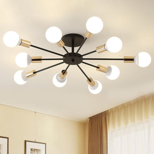 Black Radial Metal Flush Mount Ceiling Light with 10 Industrial-Style Heads - Ideal for Bedroom Lighting