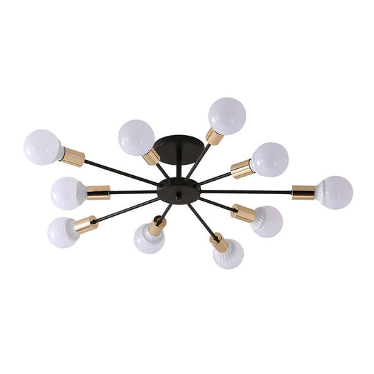 Black Radial Metal Flush Mount Ceiling Light with 10 Industrial-Style Heads - Ideal for Bedroom Lighting