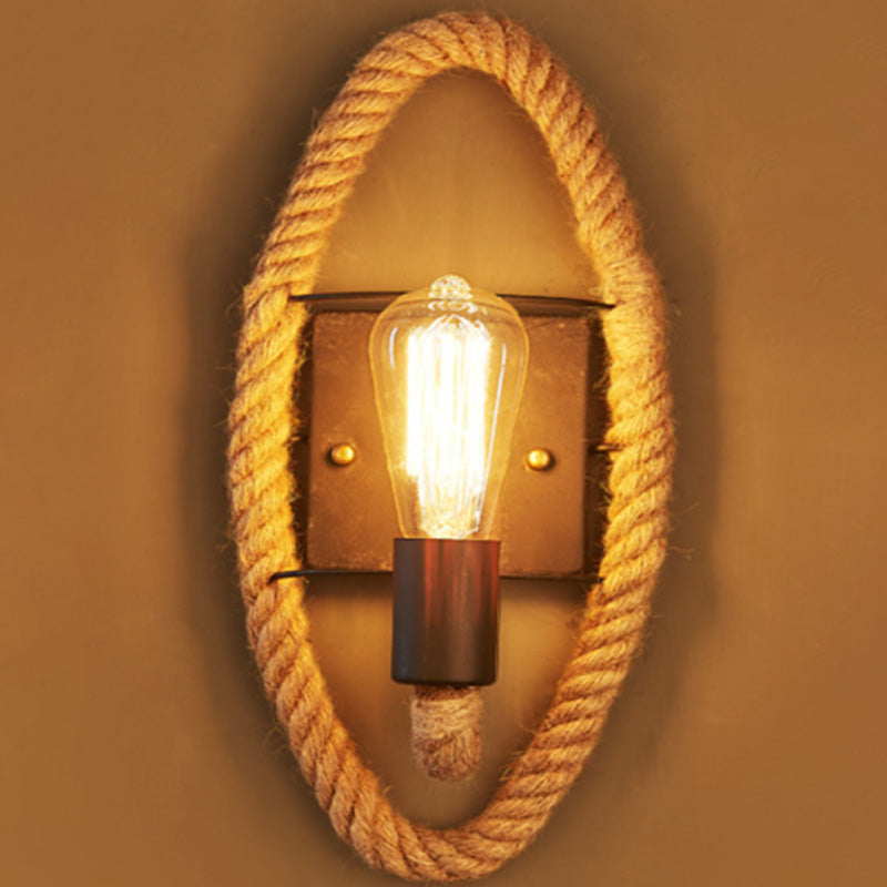 Rustic Rope Wall Sconce With Bare Bulb Design And Wood Detailing / Oval