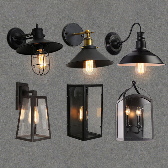 Industrial Metal Wall Mount Lamp With Black Shade - 1 Head Corridor Lighting