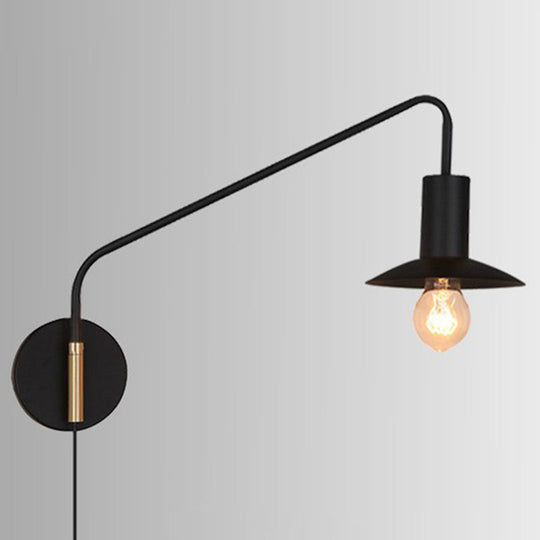 Industrial Metal Swing Arm Sconce Lamp With Saucer Lampshade - Single Living Room Reading Light