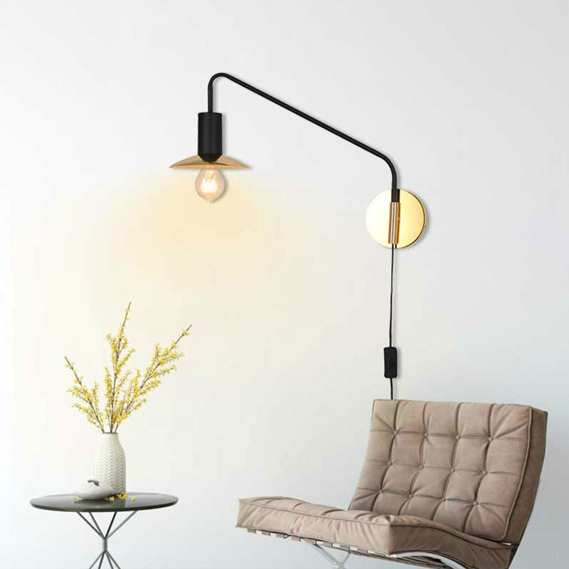 Industrial Metal Swing Arm Sconce Lamp With Saucer Lampshade - Single Living Room Reading Light