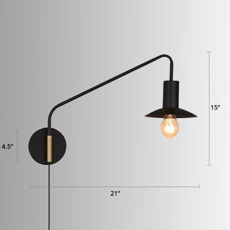 Industrial Metal Swing Arm Sconce Lamp With Saucer Lampshade - Single Living Room Reading Light