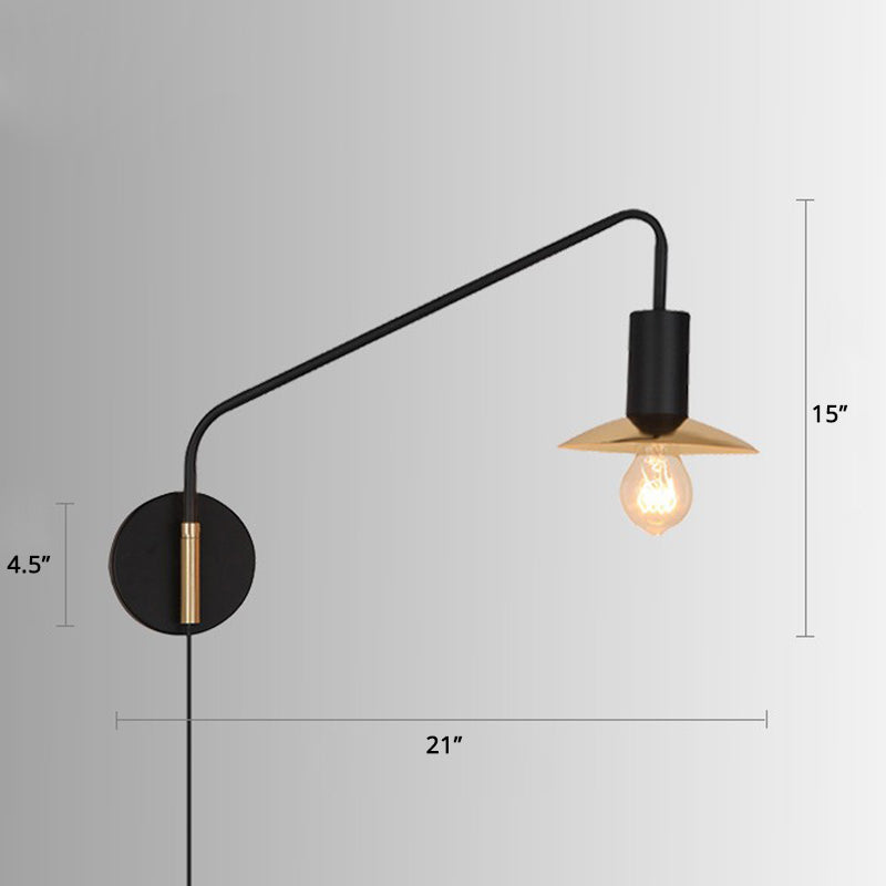 Industrial Metal Swing Arm Sconce Lamp With Saucer Lampshade - Single Living Room Reading Light