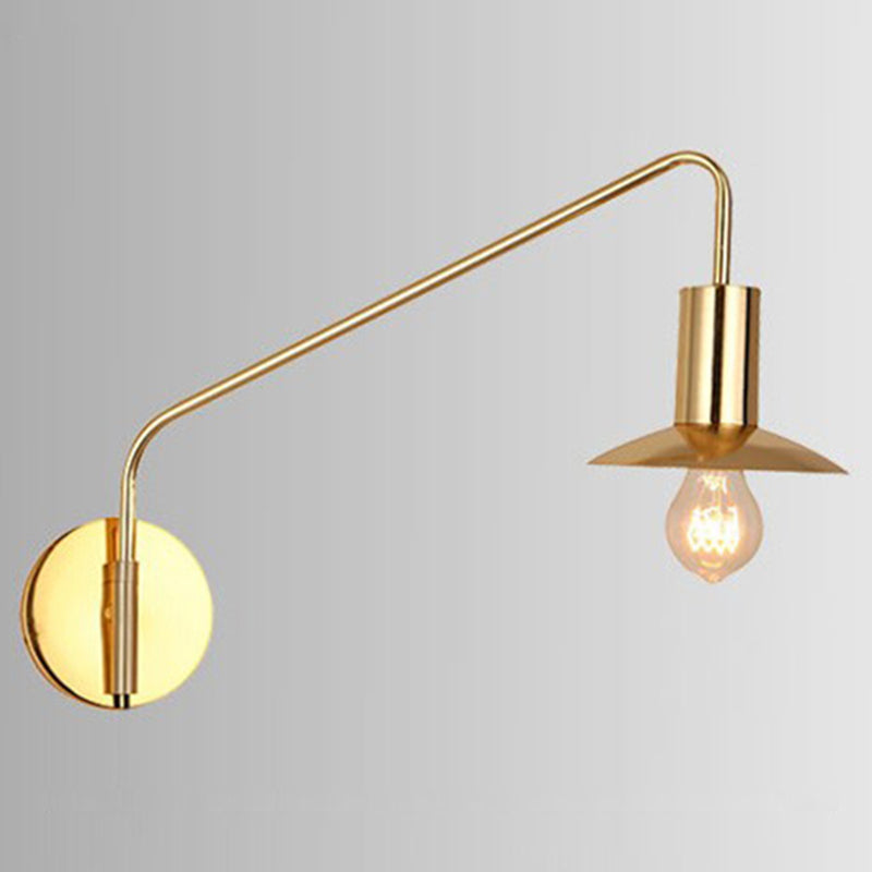 Industrial Metal Swing Arm Sconce Lamp With Saucer Lampshade - Single Living Room Reading Light Gold