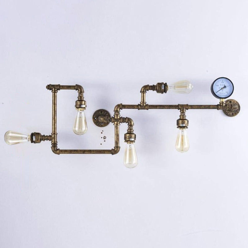 Iron Wall Lighting Industrial Sconce With Decorative Gauge For Restaurants -5 Bulb Water Pipe Design