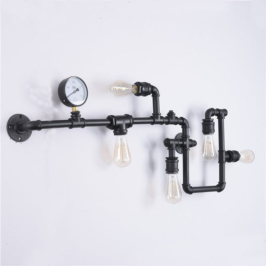 Iron Wall Lighting Industrial Sconce With Decorative Gauge For Restaurants -5 Bulb Water Pipe Design