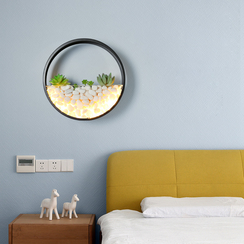 Modern Loop Wall Sconce With Led Light Metal Design Decorative Bedroom Lighting Faux Succulents And