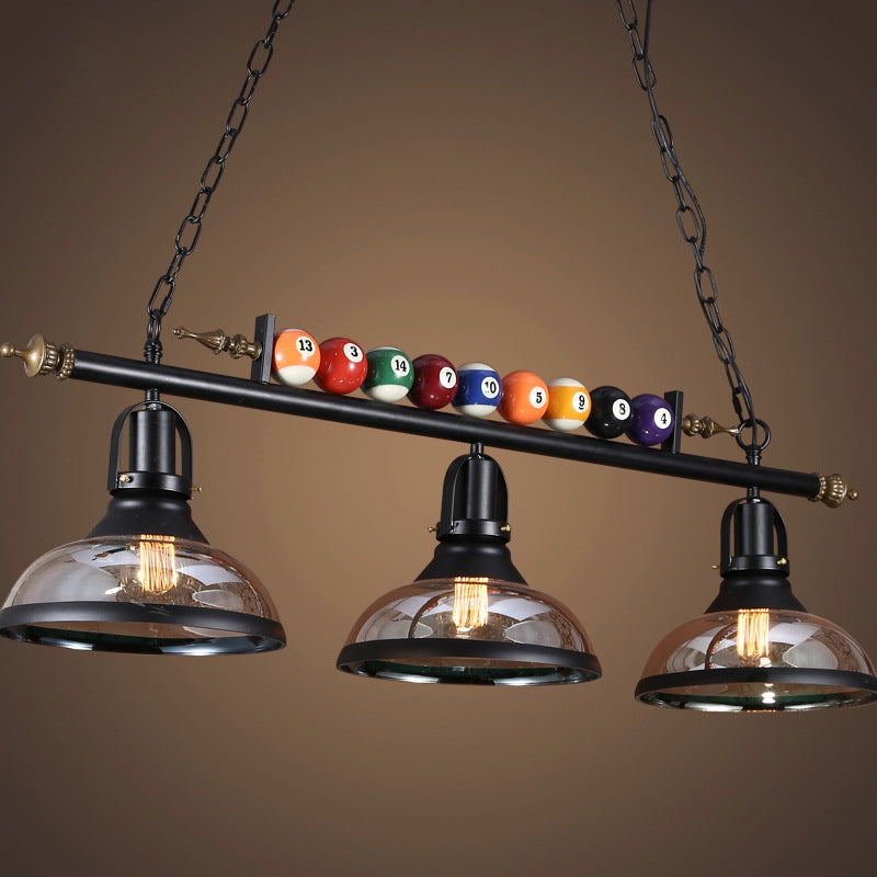 Industrial Style Hanging Light With Metal Black Finish And Billiard Ball Deco