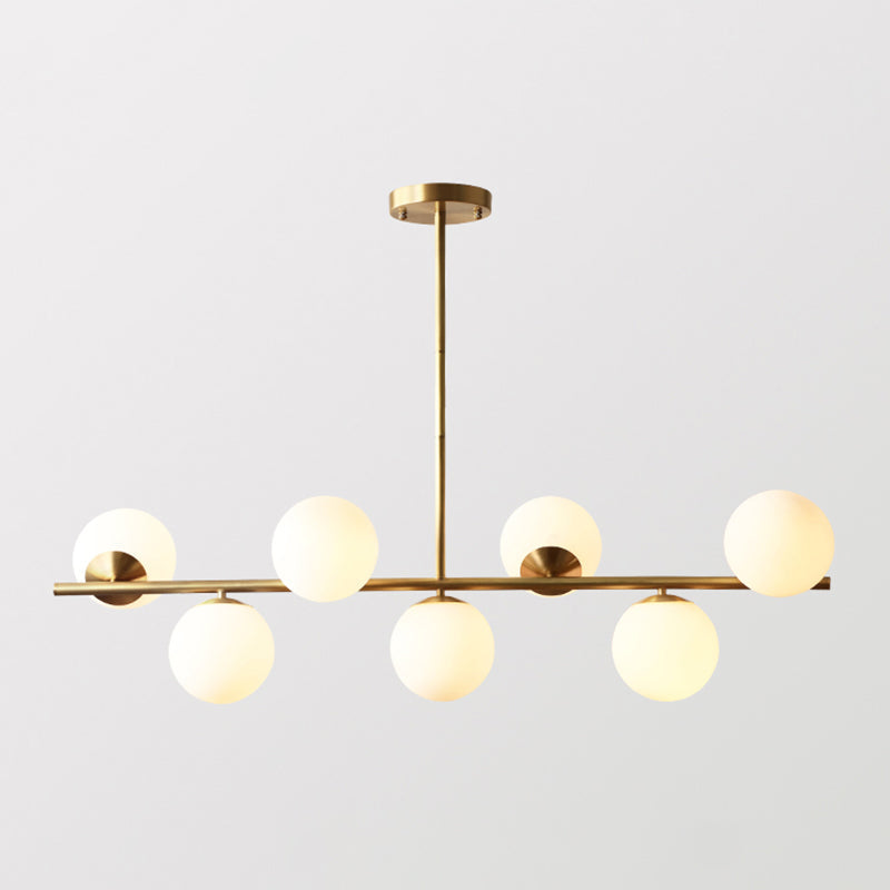 Sleek Cream Glass Spherical Dining Room Pendant Light With 7 Gold Heads - Postmodern Island Lamp