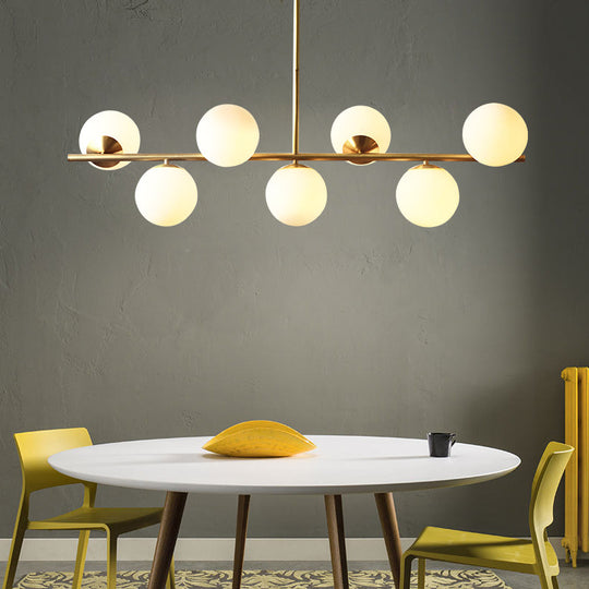 Sleek Cream Glass Spherical Dining Room Pendant Light With 7 Gold Heads - Postmodern Island Lamp