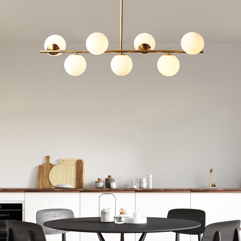 Sleek Cream Glass Spherical Dining Room Pendant Light With 7 Gold Heads - Postmodern Island Lamp