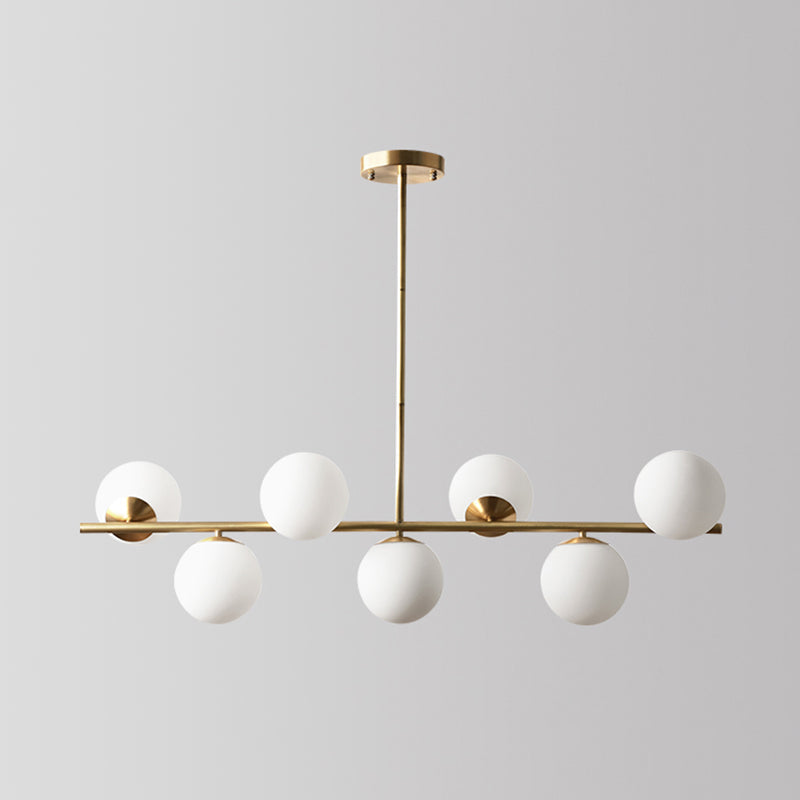 Sleek Cream Glass Spherical Dining Room Pendant Light With 7 Gold Heads - Postmodern Island Lamp