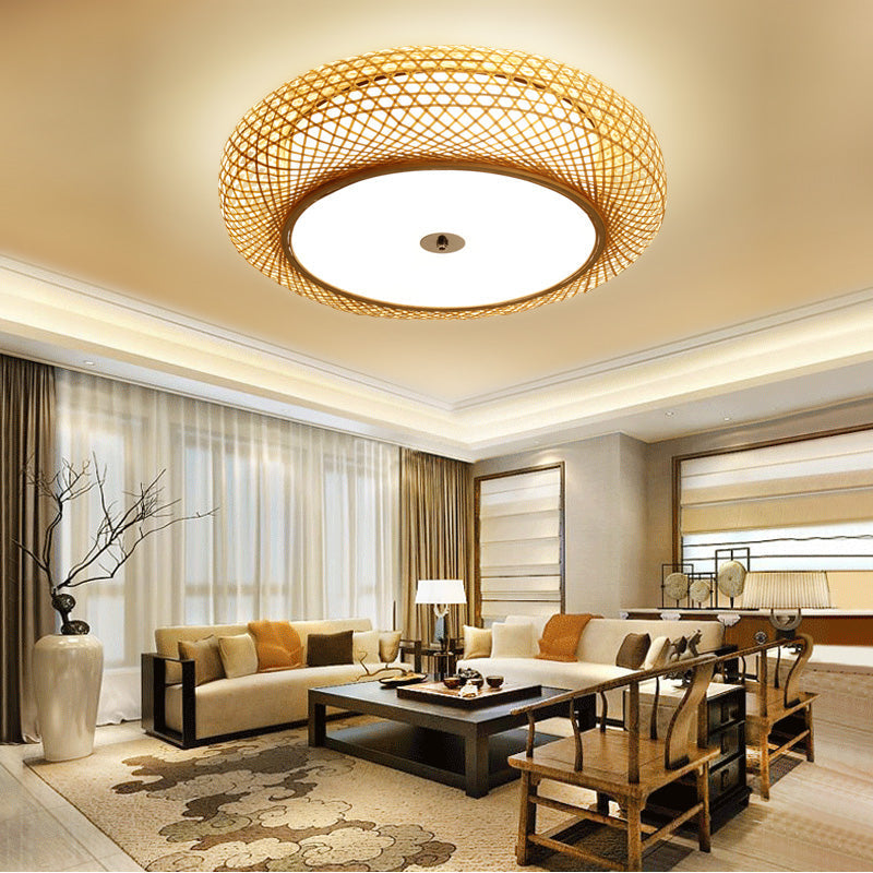 Bamboo 3-Light Chinese Style Ceiling Flush Mount For Living Room With Inner Shade