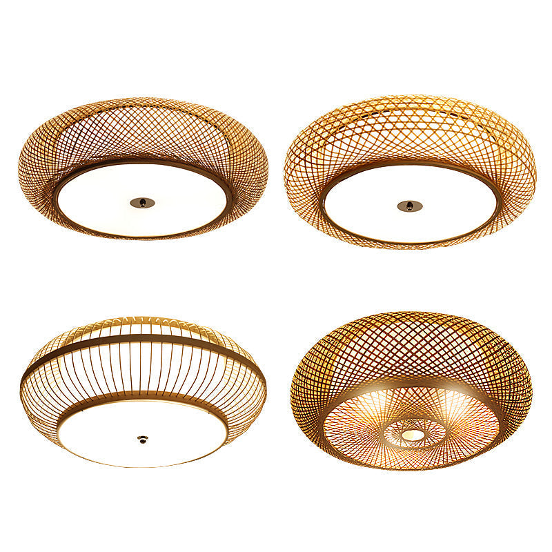 Bamboo 3-Light Chinese Style Ceiling Flush Mount For Living Room With Inner Shade