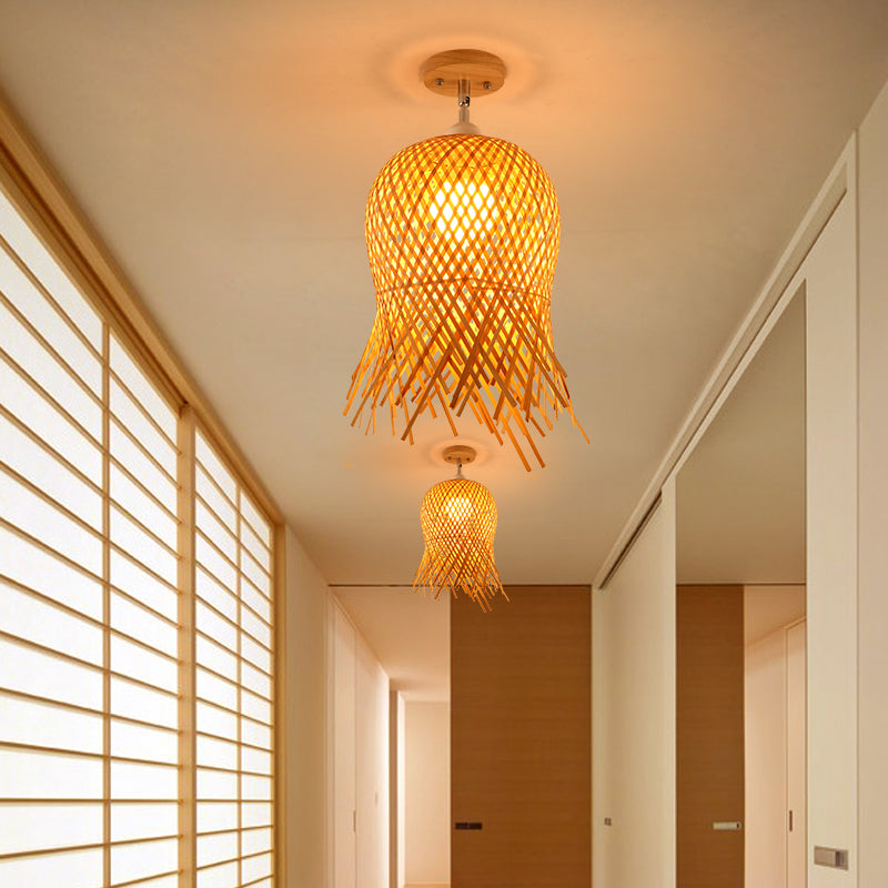 Cage Style Asian Bamboo Ceiling Light - Wood Semi Flush Single-Bulb Aisle Mounted