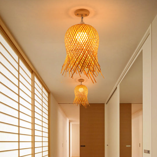 Cage Style Asian Bamboo Ceiling Light - Wood Semi Flush Single-Bulb Aisle Mounted