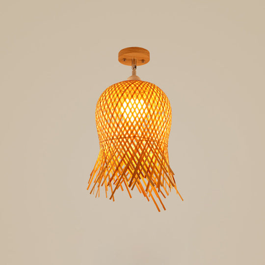 Cage Style Asian Bamboo Ceiling Light - Wood Semi Flush Single-Bulb Aisle Mounted / Fish