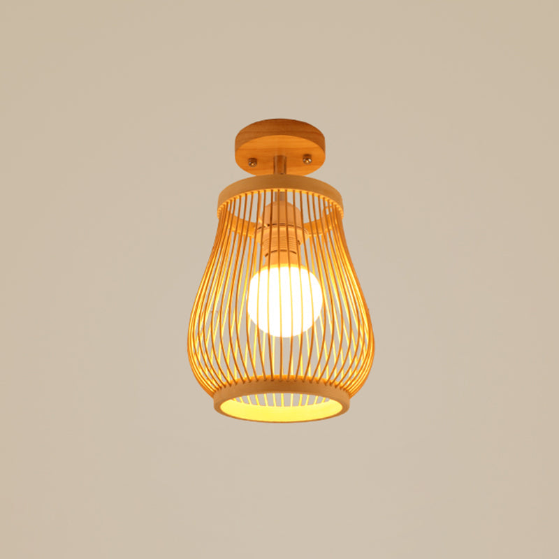 Cage Style Asian Bamboo Ceiling Light - Wood Semi Flush Single-Bulb Aisle Mounted / Lantern