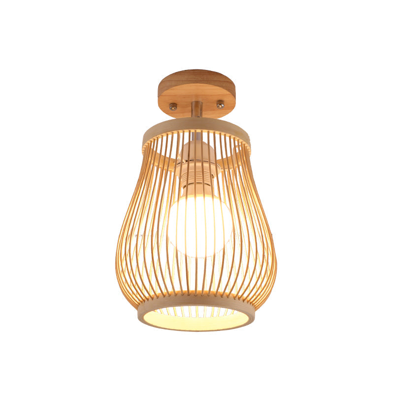 Cage Style Asian Bamboo Ceiling Light - Wood Semi Flush Single-Bulb Aisle Mounted