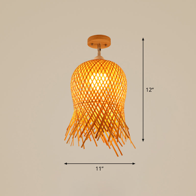 Cage Style Asian Bamboo Ceiling Light - Wood Semi Flush Single-Bulb Aisle Mounted