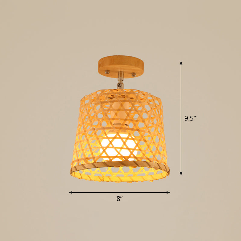 Cage Style Asian Bamboo Ceiling Light - Wood Semi Flush Single-Bulb Aisle Mounted