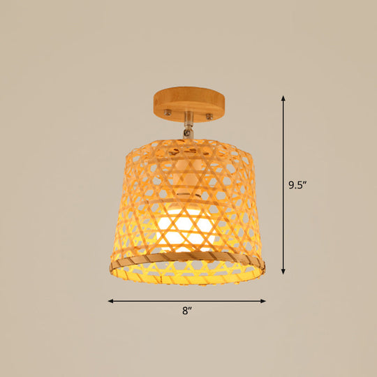 Cage Style Asian Bamboo Ceiling Light - Wood Semi Flush Single-Bulb Aisle Mounted