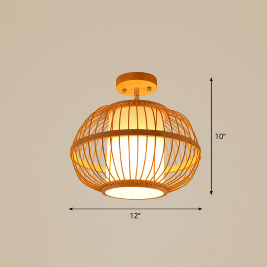 Cage Style Asian Bamboo Ceiling Light - Wood Semi Flush Single-Bulb Aisle Mounted