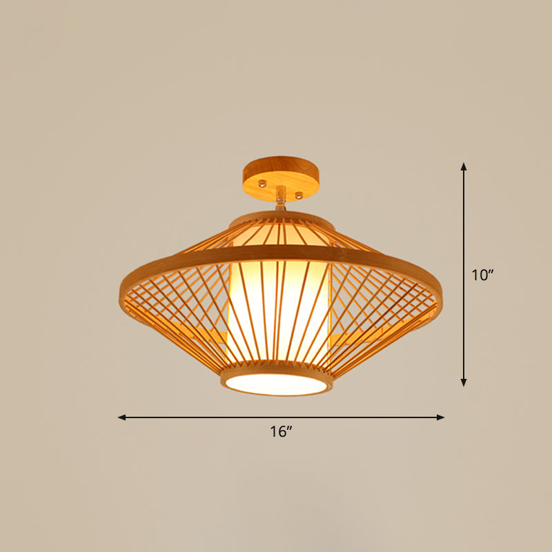 Cage Style Asian Bamboo Ceiling Light - Wood Semi Flush Single-Bulb Aisle Mounted