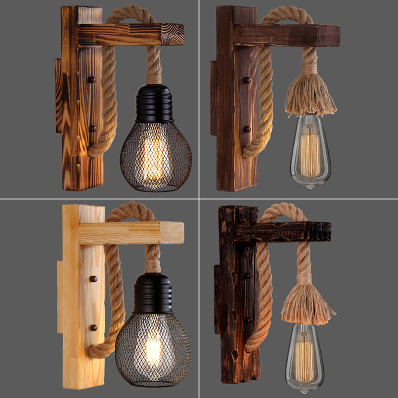 L-Shaped Wooden Lantern Wall Light With Rope Arm - Perfect Farmhouse Bedroom Lighting