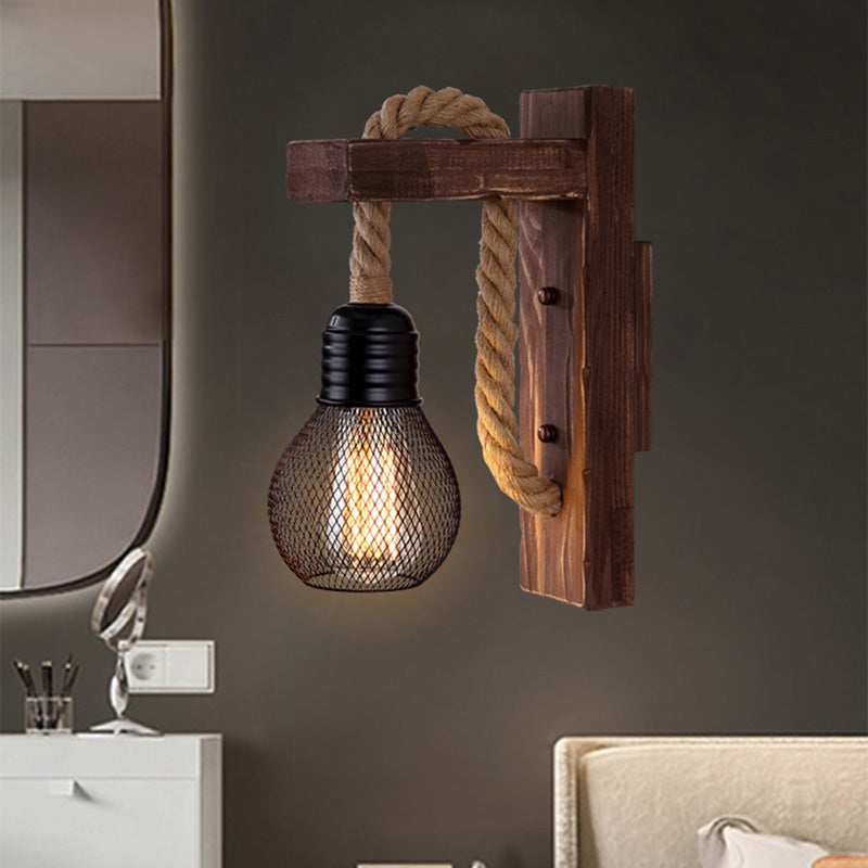 L-Shaped Wooden Lantern Wall Light With Rope Arm - Perfect Farmhouse Bedroom Lighting