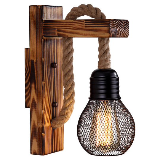 L-Shaped Wooden Lantern Wall Light With Rope Arm - Perfect Farmhouse Bedroom Lighting