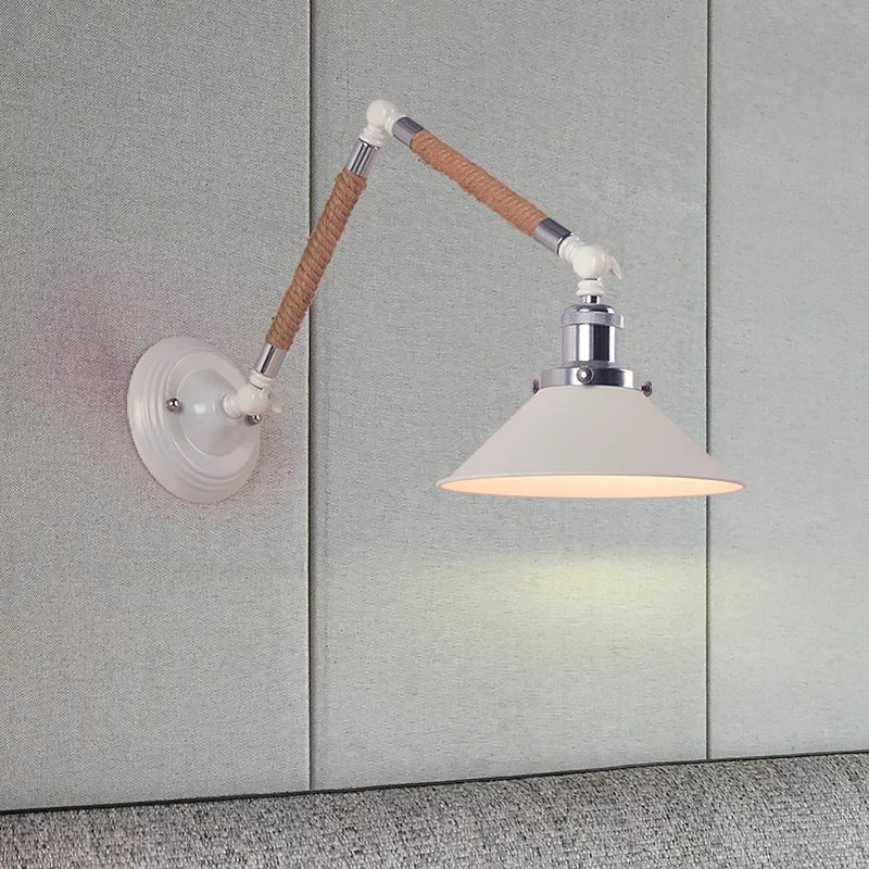 Nordic Metal Wall Sconce - White Conical Task Light With Swivelable Roped Arm