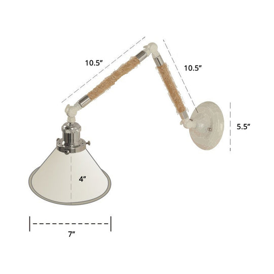 Nordic Metal Wall Sconce - White Conical Task Light With Swivelable Roped Arm