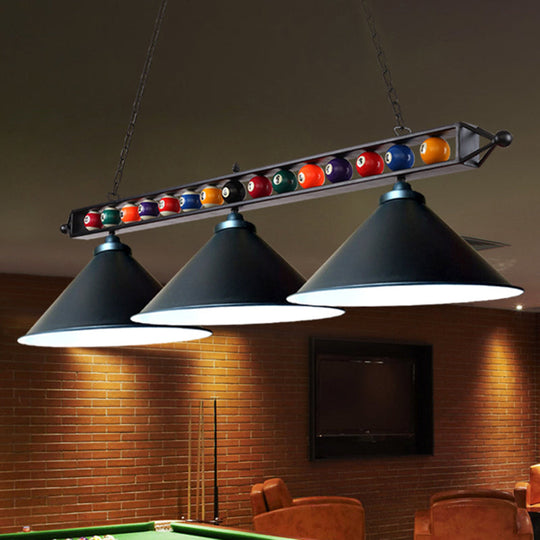 Industrial Conical Metal Billiard Lamp With Country Club Island Light & Rolled Edge 3 / Black Frame