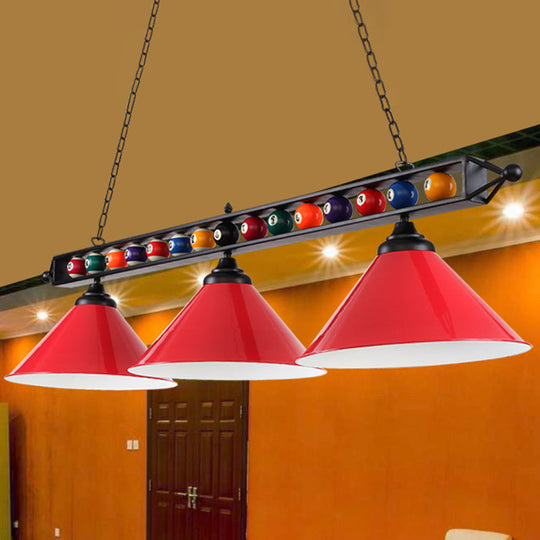 Industrial Conical Metal Billiard Lamp With Country Club Island Light & Rolled Edge 3 / Red Frame