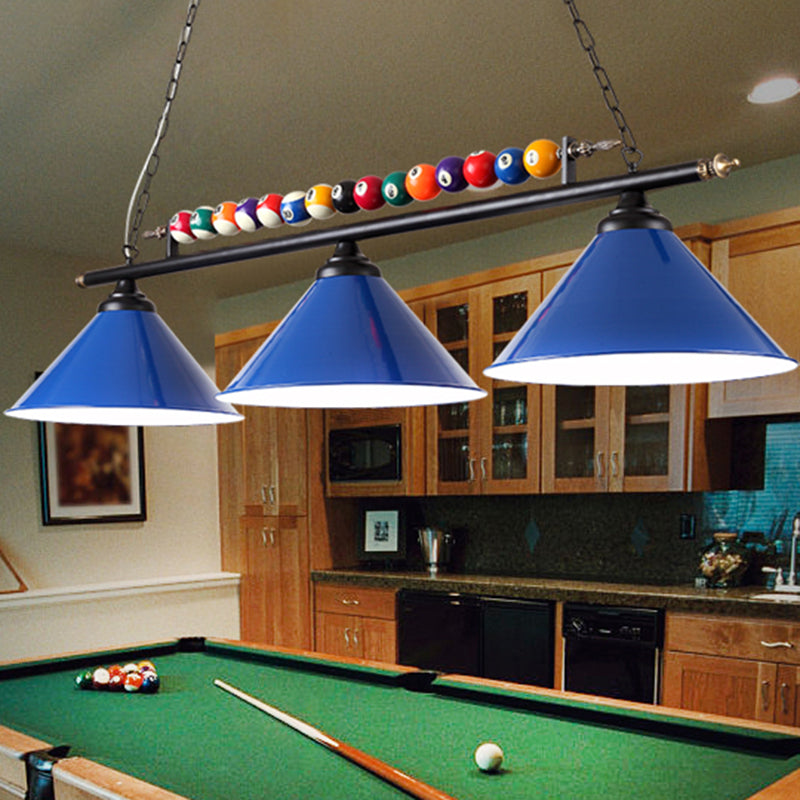 Industrial Conical Metal Billiard Lamp With Country Club Island Light & Rolled Edge 3 / Blue