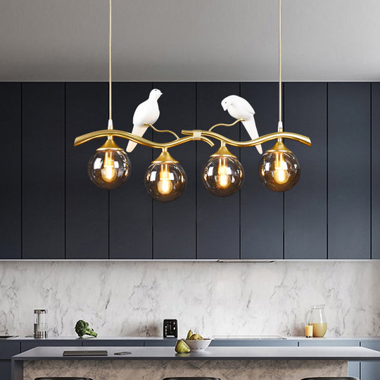 Sleek Postmodern Glass Pendant Light With Twig And Bird Deco - 4-Bulb Ceiling Hanging Fixture