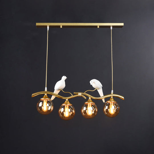 Sleek Postmodern Glass Pendant Light With Twig And Bird Deco - 4-Bulb Ceiling Hanging Fixture Gold /