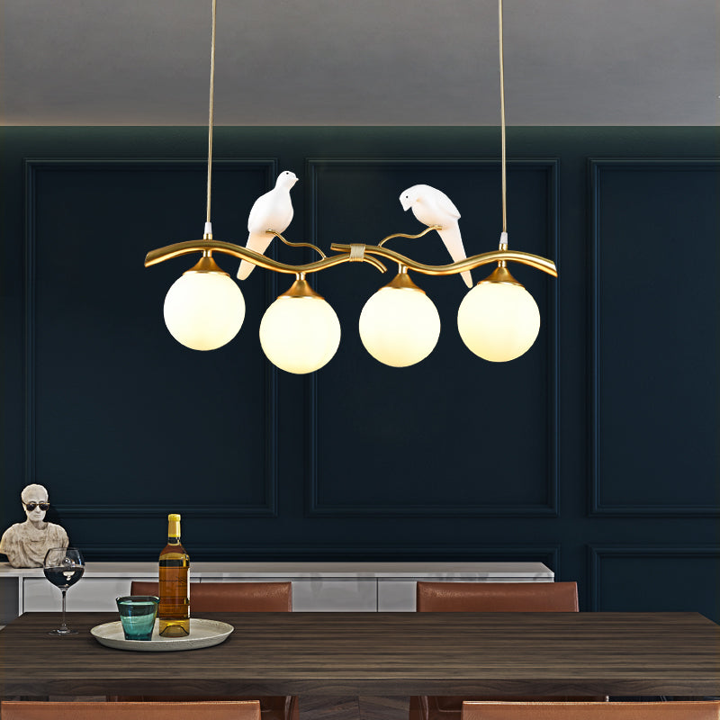 Sleek Postmodern Glass Pendant Light With Twig And Bird Deco - 4-Bulb Ceiling Hanging Fixture