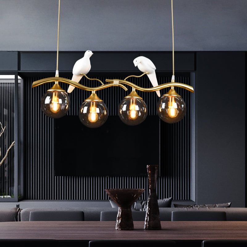 Sleek Postmodern Glass Pendant Light With Twig And Bird Deco - 4-Bulb Ceiling Hanging Fixture