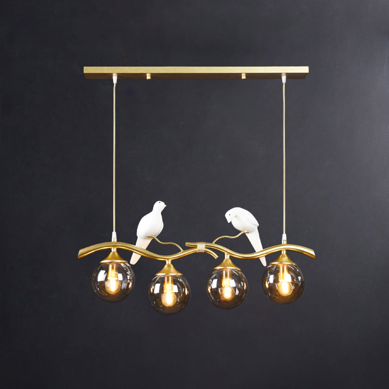 Sleek Postmodern Glass Pendant Light With Twig And Bird Deco - 4-Bulb Ceiling Hanging Fixture Gold /