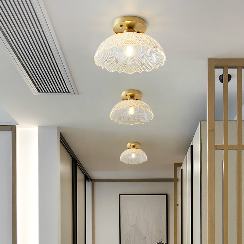 Nautical Brass Glass Flush Ceiling Light With 1 Bulb - Small Size For Corridors