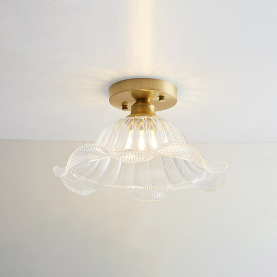 Nautical Brass Glass Flush Ceiling Light With 1 Bulb - Small Size For Corridors / Flower